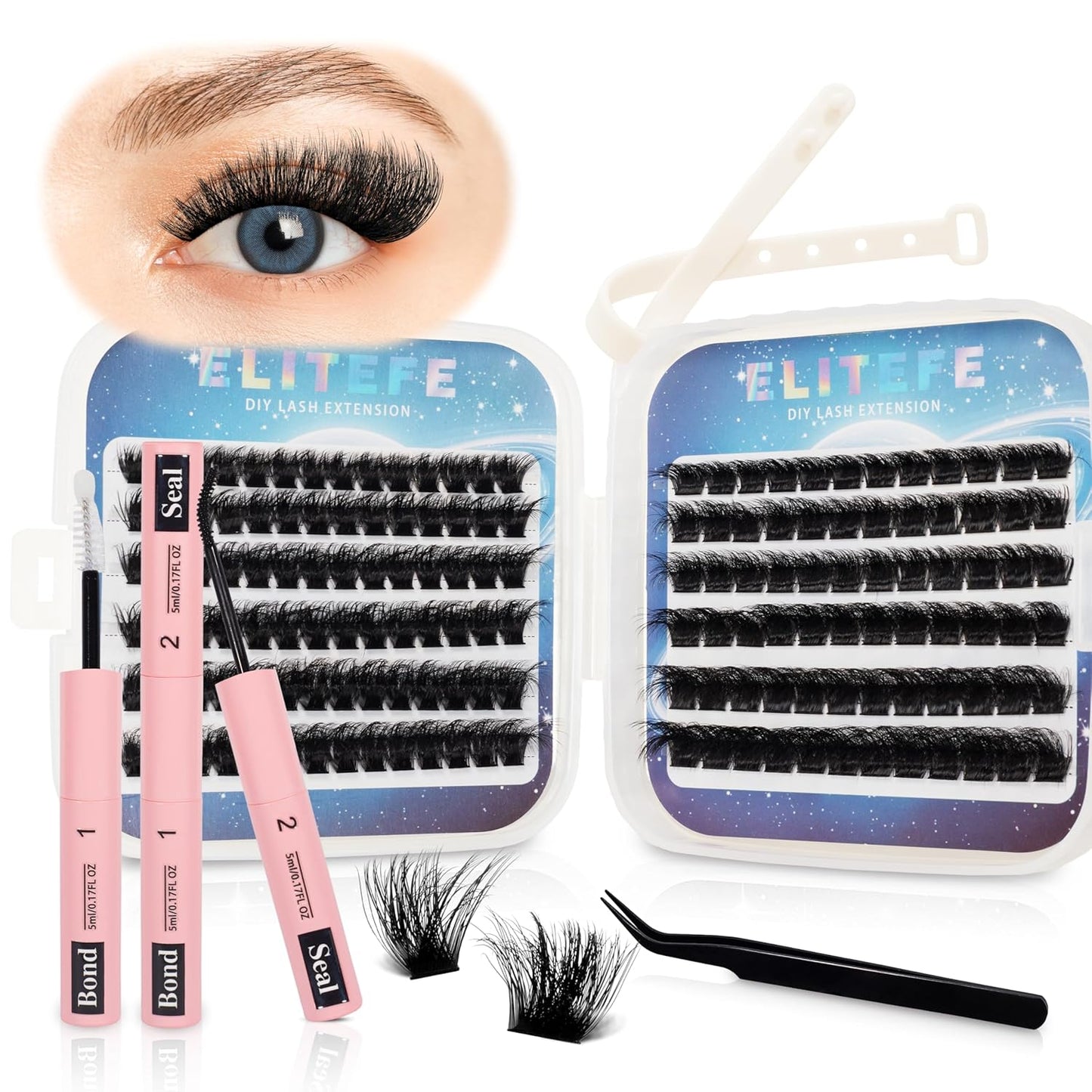 Lash Extension Kit DIY Lash Clusters Kit Eyelash Extensions Individual Lashes Extensions with (Bond,Seal,Tweezers,240Pcs,150D+200D, 0.07D,10-18)