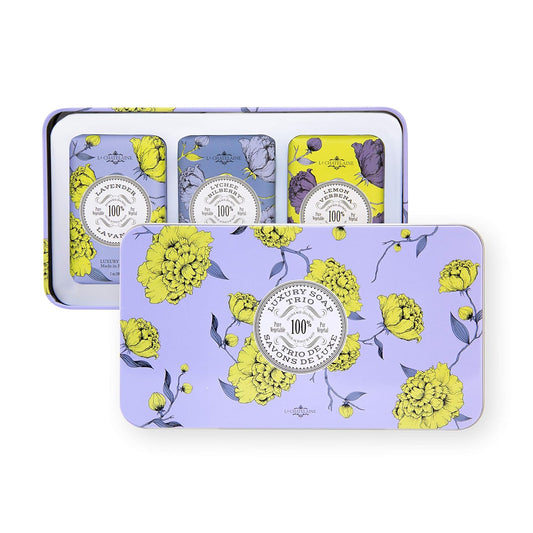La Chatelaine Luxury Bar Soap Trio Gift Set Tin | Made in France | Natural and Organic | Shea Butter Formula | 3 x 7 oz / 200g - Lavender Soap Trio (Lavender, Lychee Bilberry, Lemon Verbena)