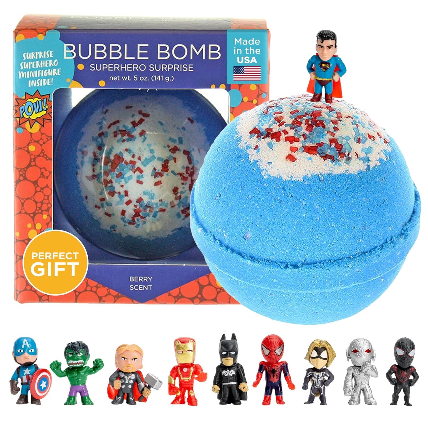 Superhero Bath Bombs for Kids & Boys with Surprise Hero Toys Inside (1 Pack) - Large Bubble Bomb for Boys & Girls - Gift for Children & Boo Basket Stuffer for Boys, USA Made by Two Sisters