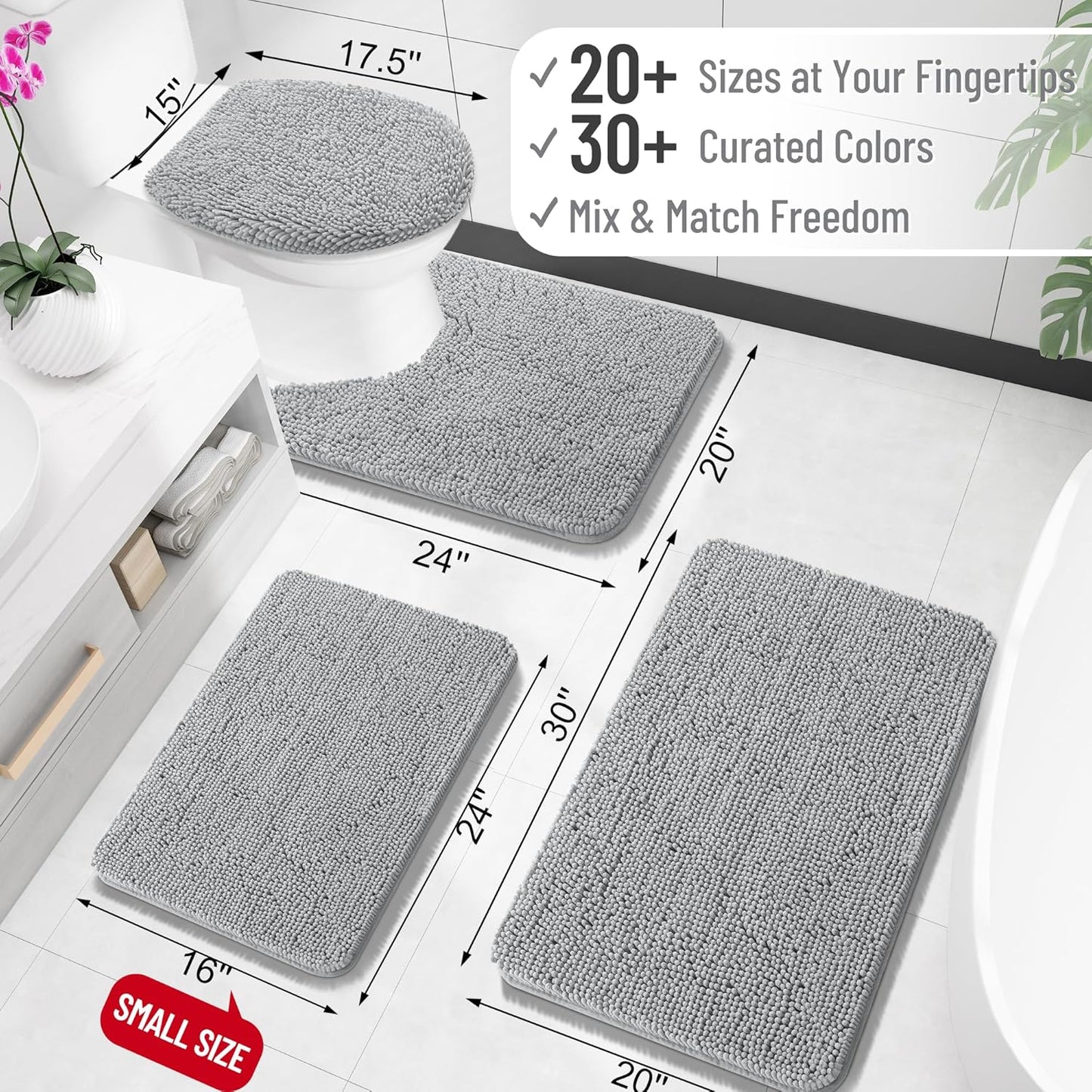 OLANLY Bathroom Rugs 30x20, Extra Soft Absorbent Chenille Bath Rugs, Rubber Backing Quick Dry, Machine Washable Bath Mats for Bathroom Floor, Tub and Shower, Home Decor Accessories, Light Grey