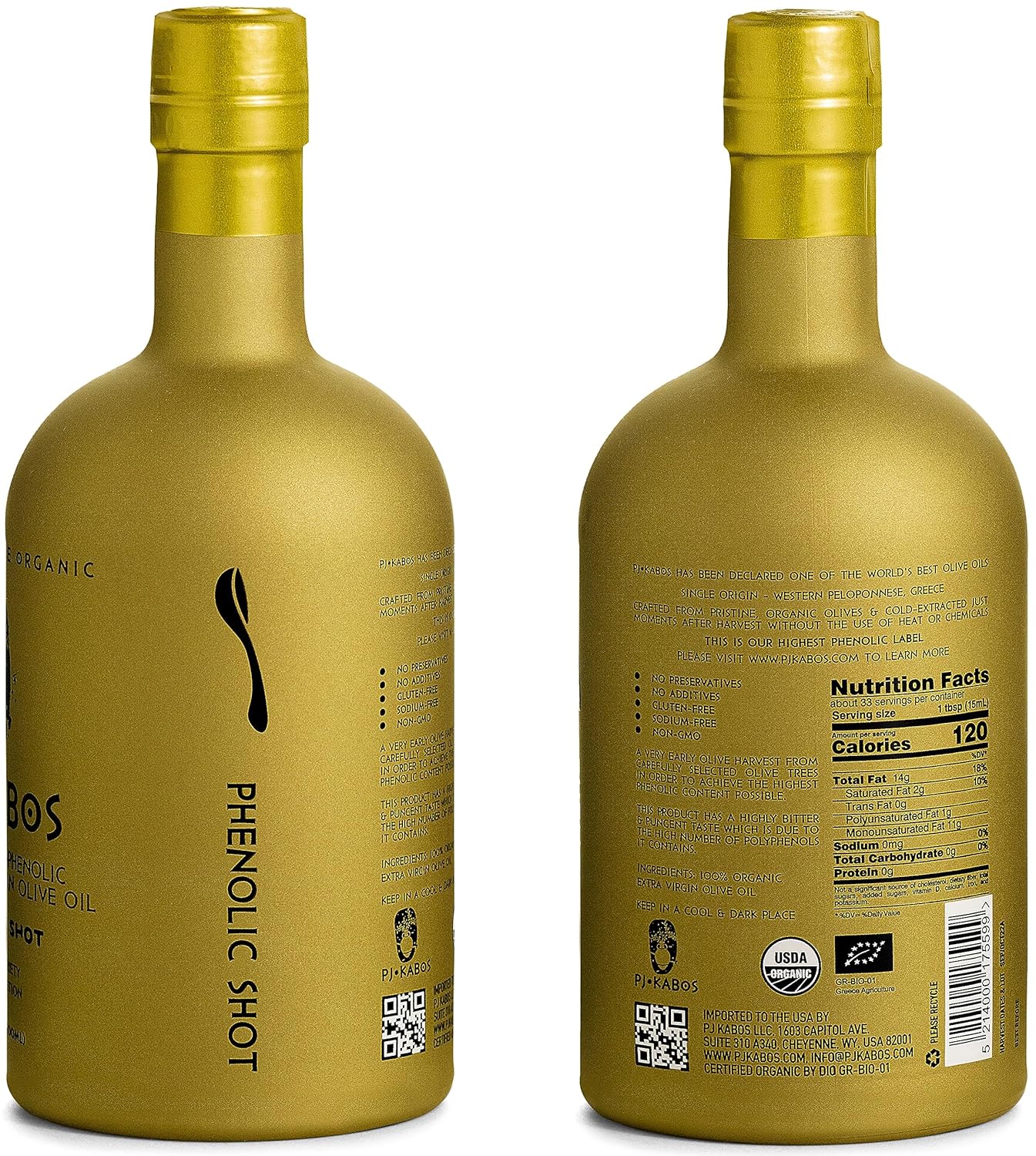 P.J. KABOS 2024/25 Harvest, Extremely High Phenolic (1000+ mg/kg), USDA Organic Greek Extra Virgin Olive Oil, Kosher, Greece, Cold Extracted, 16.9oz Bottle, PJ KABOS “Family Reserve Organic - Phenolic Shot” (6pack)