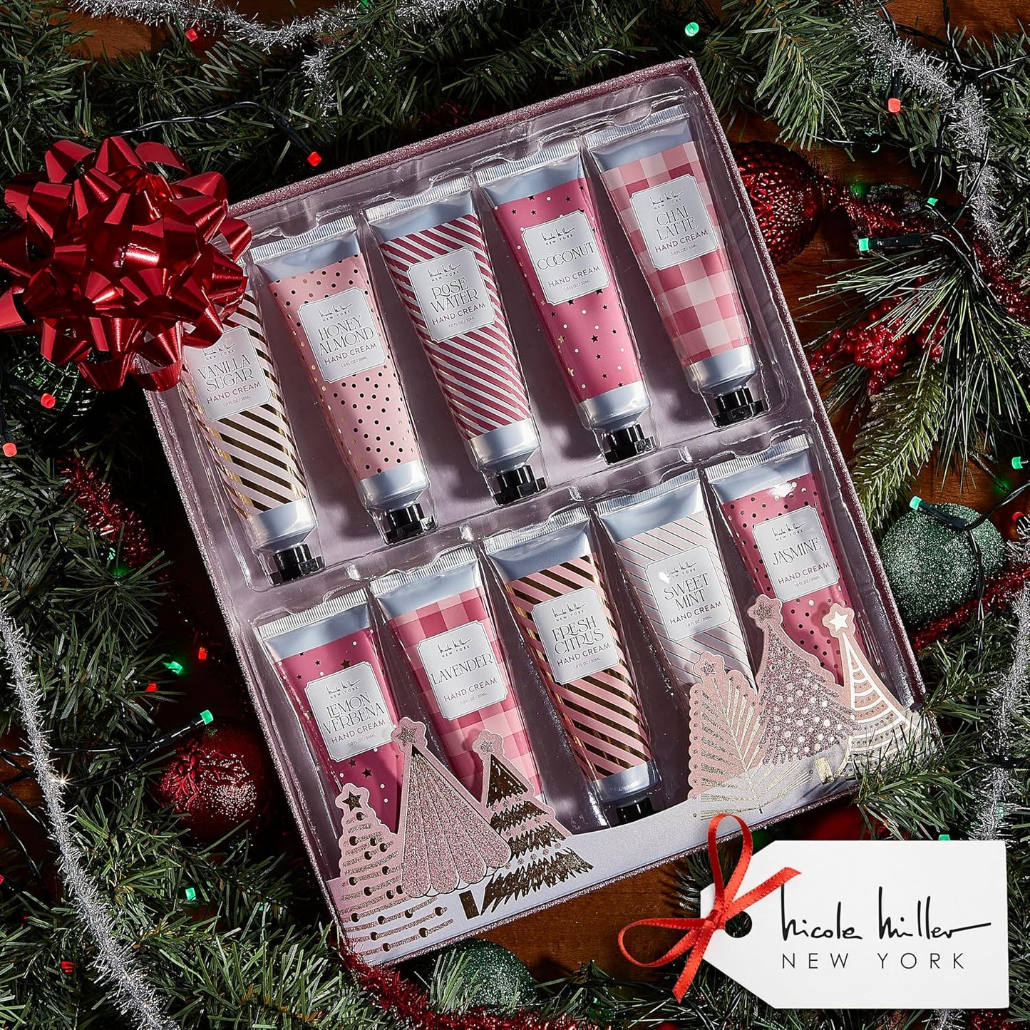Nicole Miller New York 10-Piece Festive Fragrance Hand Cream Collection - 30ml Each Bottle, Ultra Hydrating Luxury for Your Hands, Pink Gold