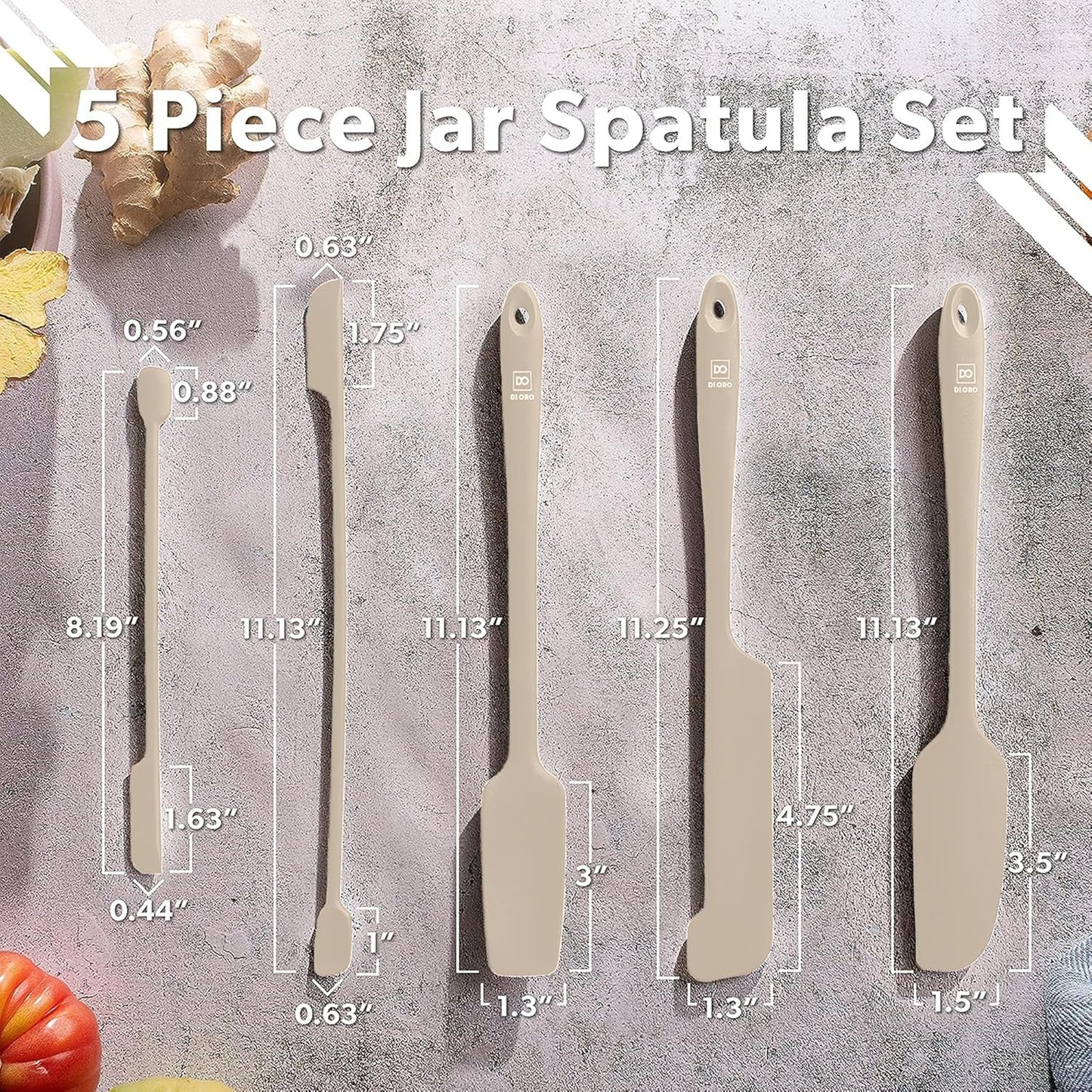 DI ORO Silicone Jar Spatulas for Scraping - Rubber Spatulas Silicone Heat Resistant - Kitchen Spatulas Nonstick Cookware Safe - Silicone Utensil Set for Blenders, Mixing, Baking, & Makeup (5pc, Clay)