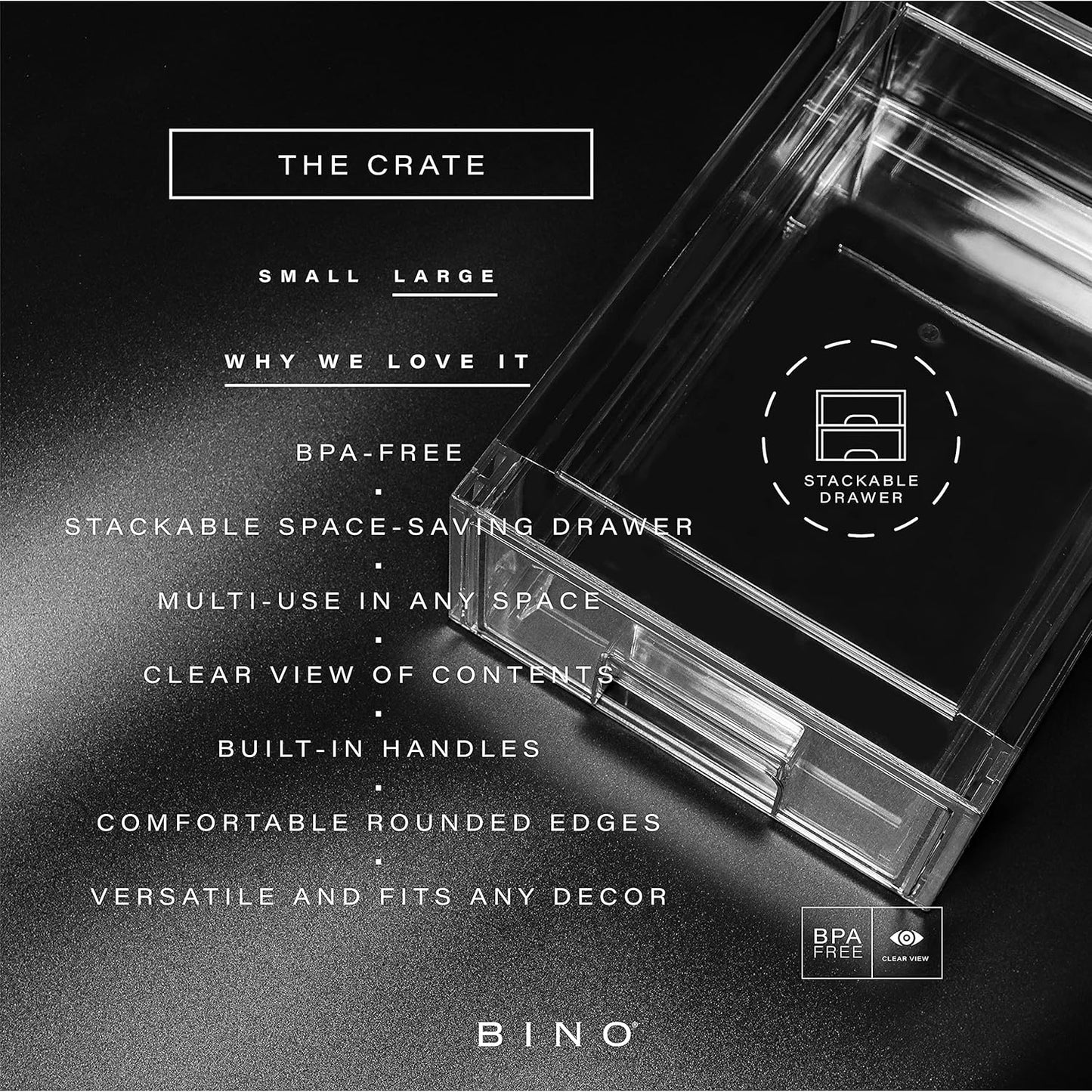 BINO | Stackable Storage Drawers, Large - Clear | THE CRATE COLLECTION | Storage Bins With Drawers | Bathroom Organizers | Under Sink Organizer | Vanity Cabinet Home Organization