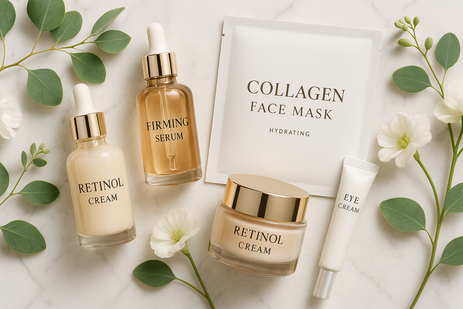 Firming serums, retinol creams, collagen masks, and eye treatments for youthful, resilient skin.